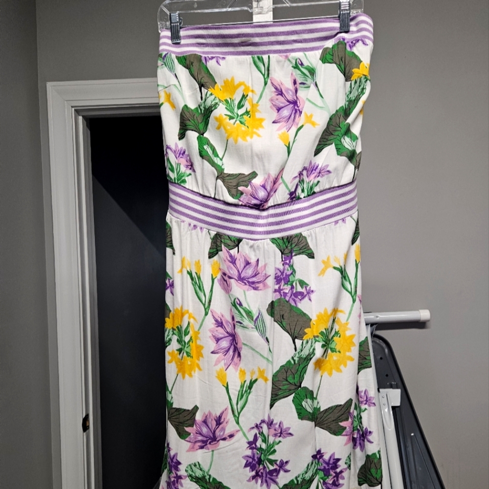 Floral Strapless Dress with Purple and Yellow Accents